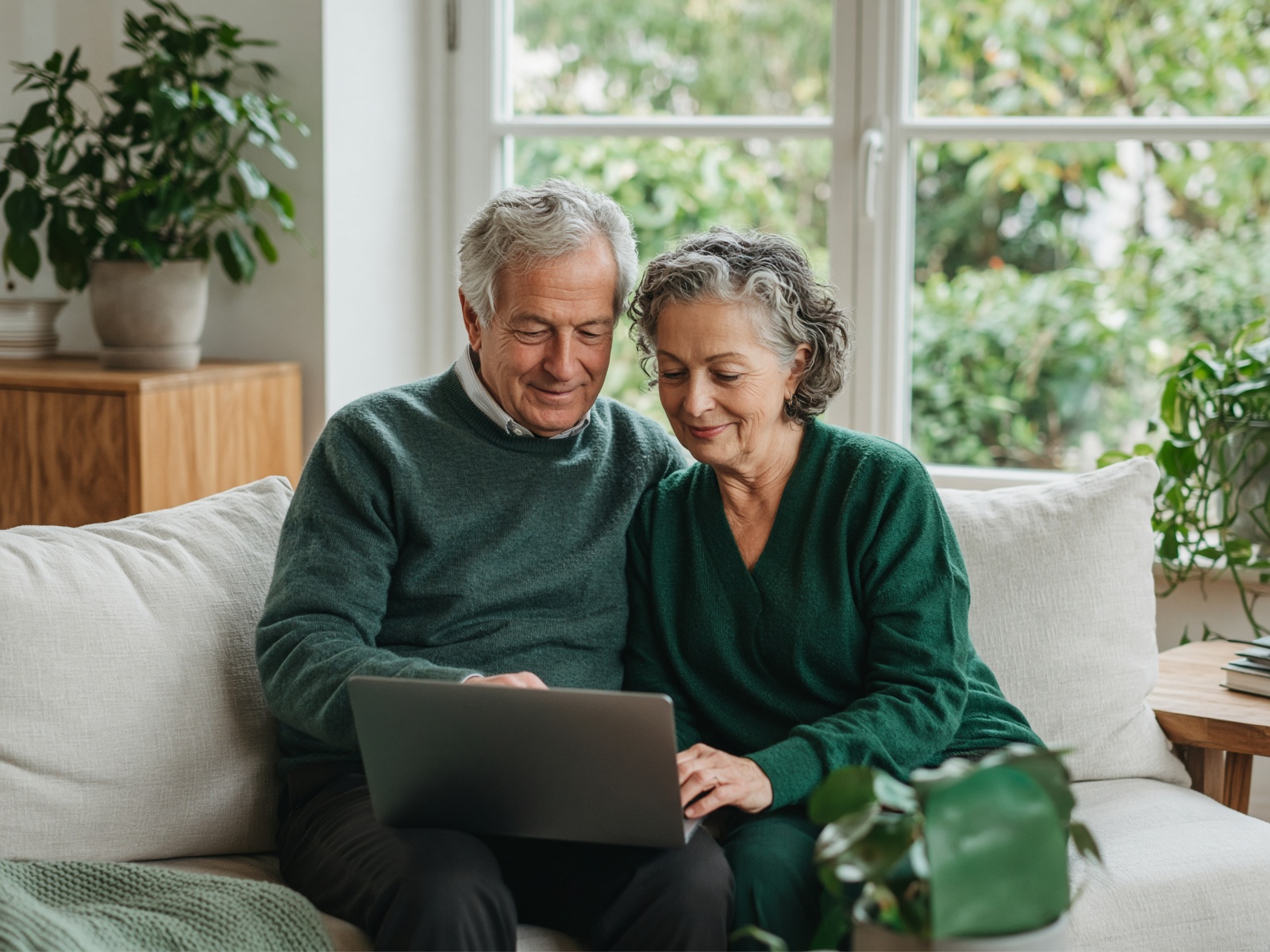Couple de retraités consultant ensemble un ordinateur dans leur salon